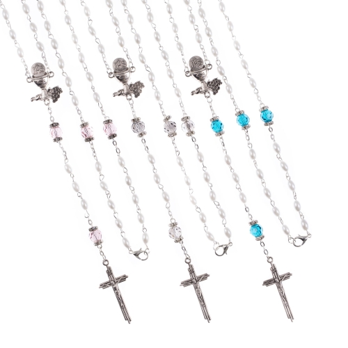 Różaniec do Pierwszej Komunii - szkło - 7 mm - perłowa powłoka - mix kolorów - JS R1269 - Dewocjonalia P.H. Jakóbczak - Katolicki sklep liturgiczny i hurtownia