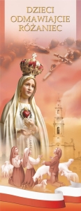 Baner na Różaniec Święty z Matką Bożą Fatimską sanktuarium w Fatimie i trzema pastuszkami