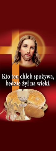 9c8773cc8fa34e6395ce29193b8e8f1d Baner na Boże Ciało "kto ten chleb" czerwony