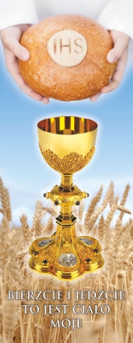 659f634e943e5133d5f395aa92352edf Baner na Boże Ciało, "Bierzcie i jedzcie." błękitny