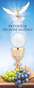 Baner na Boże Ciało, "Przyjdżcie do mnie." niebieski