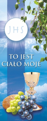 13a066e0d421fd85f11c7fd94ab14e74 Baner na Boże Ciało, " To jest ciało moje " niebieski IHS
