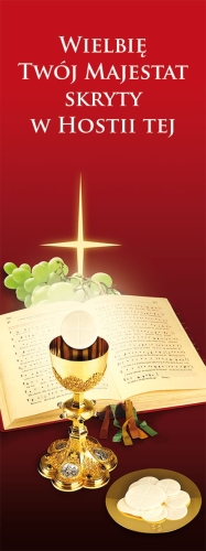 65480f02abfd96e97803686492310887 Baner na Boże Ciało "Wielbię Twój." czerwony