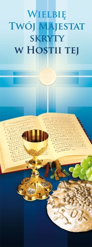 901fe0db067ab5b93341d21bd198a1ff Baner na Boże Ciało "Wielbię Twój." niebieski