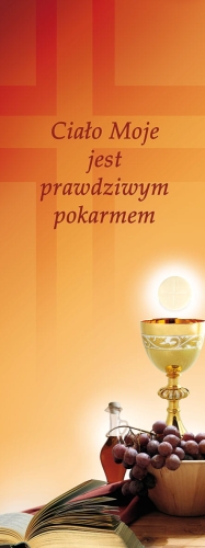 a00bb5a13bcd274aa3d7a7bd2a1a0343 Baner na Boże Ciało "Ciało Moje jest." pomarańczowy