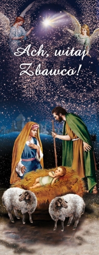 48dafe4746cb83e808cdf0ba07b9a0e7 Baner na Boże Narodzenie, "Ach Witaj Zbawco" granatowy z Aniołami