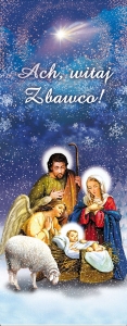 Baner na Boże Narodzenie, "Ach Witaj Zbawco" niebieski, płatki śniegu