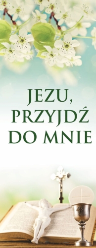 65fca1206443d2cdc50199d06b00df8a Baner na I Komunię Świętą, " Jezu Przyjdź do mnie" kwiat czereśni