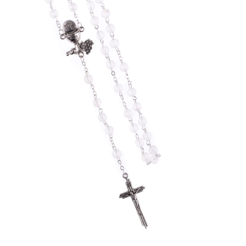 Różaniec do Pierwszej Komunii - naszyjnik - szkło mrożone - 6 mm - JS R1223 - Dewocjonalia P.H. Jakóbczak - Katolicki sklep liturgiczny i hurtownia