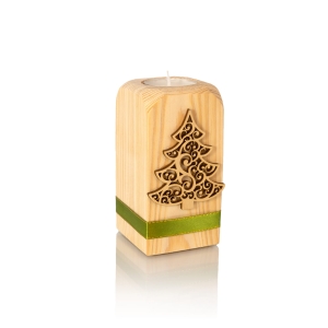 Świecznik - choinka - drewno - ozdobna zielona wstążka