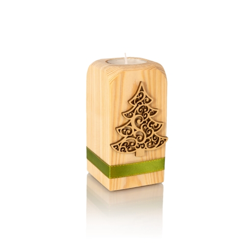 Świecznik - choinka - drewno - ozdobna zielona wstążka - JS CH032-0 - Dewocjonalia P.H. Jakóbczak - Katolicki sklep liturgiczny i hurtownia