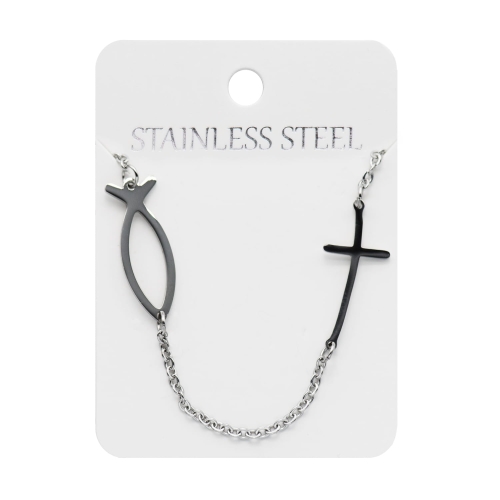 Naszyjnik - rybka - Ichtys - krzyżyk - Stainless Steel - JS NS083 - Dewocjonalia P.H. Jakóbczak - Katolicki sklep liturgiczny i hurtownia