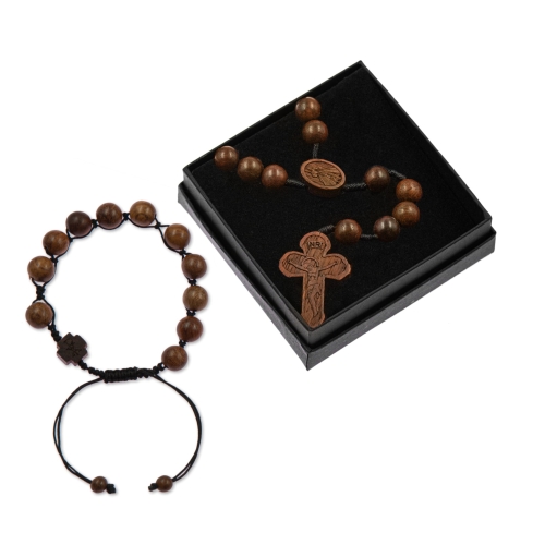 Zestaw - różaniec - bransoletka - drewno - paduk birmański - sznurek - Legno - JS S1397 - Dewocjonalia P.H. Jakóbczak - Katolicki sklep liturgiczny i hurtownia