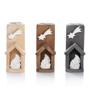 Świecznik - szopka bożonarodzeniowa - drewno - Święta Rodzina - alabaster