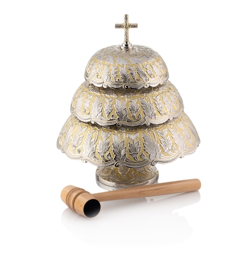 Gong trójtonowy - zdobiony - mosiądz - drewniany młotek - JS P147 - Dewocjonalia P.H. Jakóbczak - Katolicki sklep liturgiczny i hurtownia