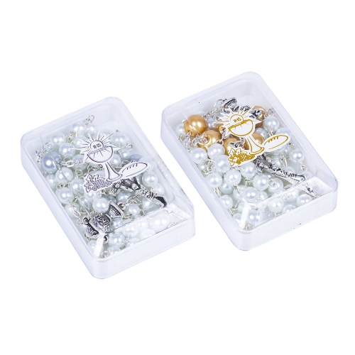 Różaniec - Pierwsza Komunia Święta - 6 mm - szkło - perłowa powłoka - pudełko - JS R992-CH-0 - Dewocjonalia P.H. Jakóbczak - Katolicki sklep liturgiczny i hurtownia