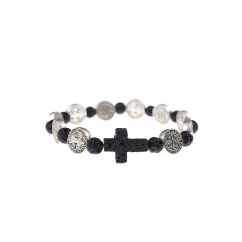 Bransoletka - dziesiątek różańca - lawa wulkaniczna - kamień naturalny - św. Benedykt - JS BC1880 - Dewocjonalia P.H. Jakóbczak - Katolicki sklep liturgiczny i hurtownia