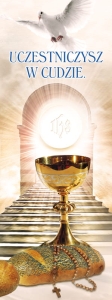 Baner na I Komunię Świętą "Uczestniczysz w cudzie"