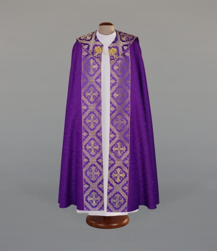 Kapa wykonana z adamaszkowej tkaniny, zdobiona efektownymi pasami i kołnierzem - ALBP 2-097-44 - Dewocjonalia P.H. Jakóbczak - Katolicki sklep liturgiczny i hurtownia