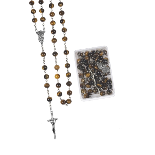 Różaniec - Tygrysie Oko - 8 mm - kamień naturalny - pudełko - JS R688 - Dewocjonalia P.H. Jakóbczak - Katolicki sklep liturgiczny i hurtownia
