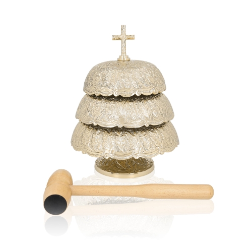 Gong potrójny - mosiądz - drewniany młotek - 33 cm - JS P113 - Dewocjonalia P.H. Jakóbczak - Katolicki sklep liturgiczny i hurtownia