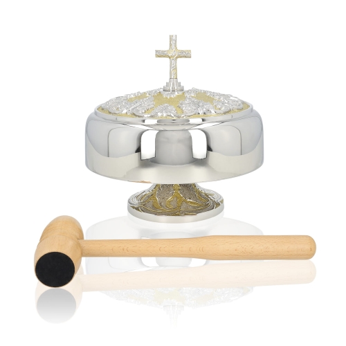 Gong pojedynczy - mosiądz - nikiel - drewniany młotek - 25 cm - JS 786940CN - Dewocjonalia P.H. Jakóbczak - Katolicki sklep liturgiczny i hurtownia