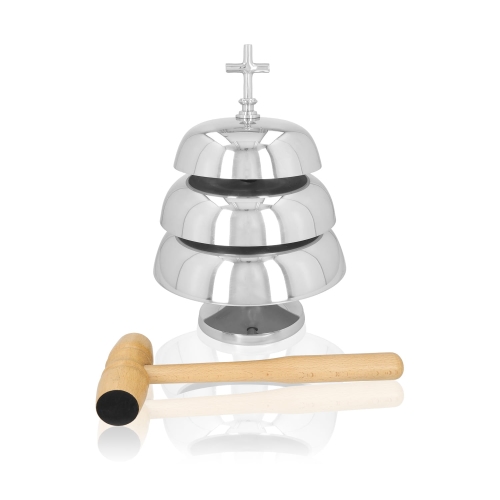 Gong potrójny - mosiądz - nikiel - drewniany młotek - 35 cm - JS 786916N - Dewocjonalia P.H. Jakóbczak - Katolicki sklep liturgiczny i hurtownia