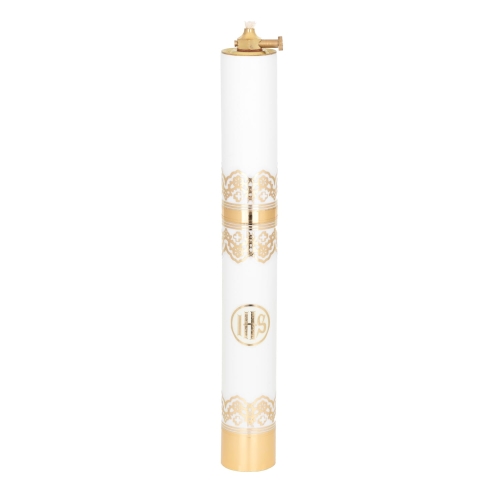 Świeca olejowa 31/40 biała IHS - X3140bIHS - Dewocjonalia P.H. Jakóbczak - Katolicki sklep liturgiczny i hurtownia