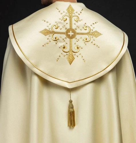 Kapa liturgiczna ecru z haftem złotego krzyża - HAF KKP/024/05/20 - Dewocjonalia P.H. Jakóbczak - Katolicki sklep liturgiczny i hurtownia