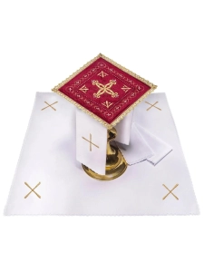 Komplet kielichowy aksamitny z haftowanym motywem liturgicznym w kolorze czerwonym - KK/5006/C1