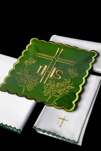 Komplet bielizny kielichowej zielony ze złotym haftem IHS - HAF KK/156/01 - Dewocjonalia P.H. Jakóbczak - Katolicki sklep liturgiczny i hurtownia