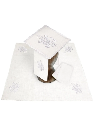 Komplet kielichowy lniany z haftowanym motywem IHS w kolorze czerwonym - KKL/029/C2 - HAF KKL/029/C2 - Dewocjonalia P.H. Jakóbczak - Katolicki sklep liturgiczny i hurtownia