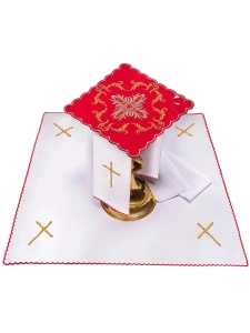 Komplet kielichowy bawełniany z haftowanym motywem liturgicznym w kolorze czerwonym - KK/151/02