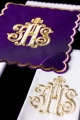 Komplet kielichowy bawełniany z haftowanym motywem IHS w kolorze czerwonym - KK/072/03 - HAF KK/072/03 - Dewocjonalia P.H. Jakóbczak - Katolicki sklep liturgiczny i hurtownia
