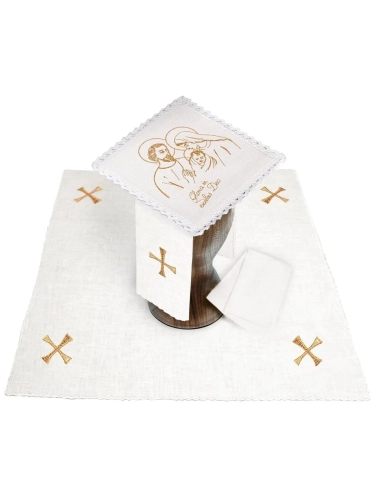 Komplet kielichowy lniany z haftowanym motywem kielicha eucharystycznego w kolorze czerwonym - KKL/118 - HAF KKL/118 - Dewocjonalia P.H. Jakóbczak - Katolicki sklep liturgiczny i hurtownia