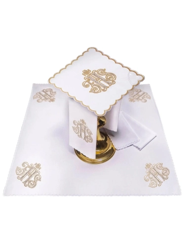 Komplet kielichowy bawełniany z haftowanym motywem IHS w kolorze czerwonym - KK/072/04 - HAF KK/072/04 - Dewocjonalia P.H. Jakóbczak - Katolicki sklep liturgiczny i hurtownia