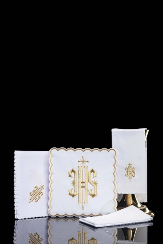 Komplet kielichowy bawełniany z haftowanym motywem IHS w kolorze czerwonym - KK/029/04 - HAF KK/029/04 - Dewocjonalia P.H. Jakóbczak - Katolicki sklep liturgiczny i hurtownia
