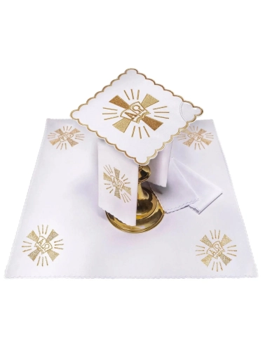 Komplet kielichowy bawełniany z haftowanym motywem krzyża oraz symboli Alfa i Omega - KK/006 - HAF KK/006 - Dewocjonalia P.H. Jakóbczak - Katolicki sklep liturgiczny i hurtownia