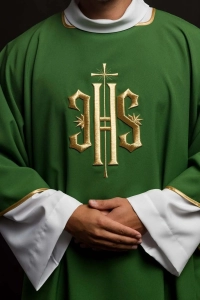 Dalmatyka liturgiczna zielona z haftem IHS - KDL/215/01/12/D