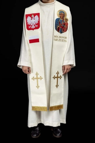 Stuła liturgiczna ecru z haftem maryjnym - KST/501/05/01 - HAF KST/501/05/01 - Dewocjonalia P.H. Jakóbczak - Katolicki sklep liturgiczny i hurtownia