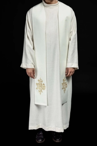 Stuła liturgiczna ecru z haftem IHS - KST/053/05/12 - HAF KST/053/05/12 - Dewocjonalia P.H. Jakóbczak - Katolicki sklep liturgiczny i hurtownia