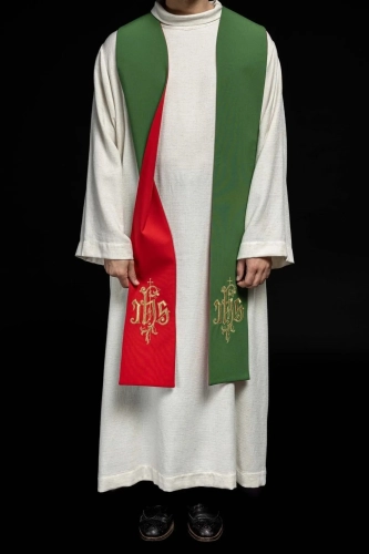 Stuła liturgiczna dwustronna zielono-czerwona z haftem IHS - KST/053/01-02/01 - HAF KST/053/01-02/01 - Dewocjonalia P.H. Jakóbczak - Katolicki sklep liturgiczny i hurtownia
