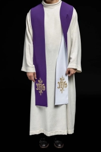 Stuła liturgiczna dwustronna fioletowo-biała z haftem IHS - KST/053/03-04/12