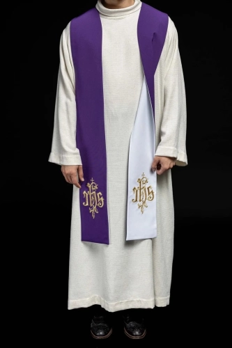 Stuła liturgiczna dwustronna fioletowo-biała z haftem IHS - KST/053/03-04/12 - HAF KST/053/03-04/12 - Dewocjonalia P.H. Jakóbczak - Katolicki sklep liturgiczny i hurtownia