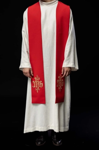Stuła liturgiczna czerwona z haftem IHS - KST/053/02/12 - HAF KST/053/02/12 - Dewocjonalia P.H. Jakóbczak - Katolicki sklep liturgiczny i hurtownia