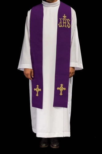 Stuła kapłańska fioletowa z haftem IHS - KST/157/03/01 - HAF KST/157/03/01 - Dewocjonalia P.H. Jakóbczak - Katolicki sklep liturgiczny i hurtownia
