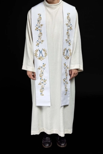 Stuła kapłańska biała z haftem maryjnym - KST/032/04/01 - HAF KST/032/04/01 - Dewocjonalia P.H. Jakóbczak - Katolicki sklep liturgiczny i hurtownia