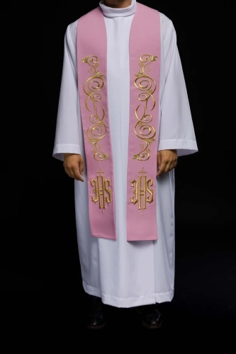 Stuła kapłańska różowa z haftem IHS - KST/031/08/01 - HAF KST/031/08/01 - Dewocjonalia P.H. Jakóbczak - Katolicki sklep liturgiczny i hurtownia