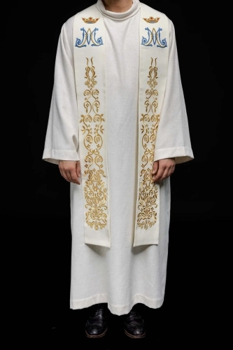 Stuła liturgiczna ecru z haftem maryjnym - KST/056/05/01 - HAF KST/056/05/01 - Dewocjonalia P.H. Jakóbczak - Katolicki sklep liturgiczny i hurtownia