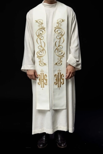 Stuła liturgiczna ecru z haftem IHS - KST/031/05/01 - HAF KST/031/05/01 - Dewocjonalia P.H. Jakóbczak - Katolicki sklep liturgiczny i hurtownia